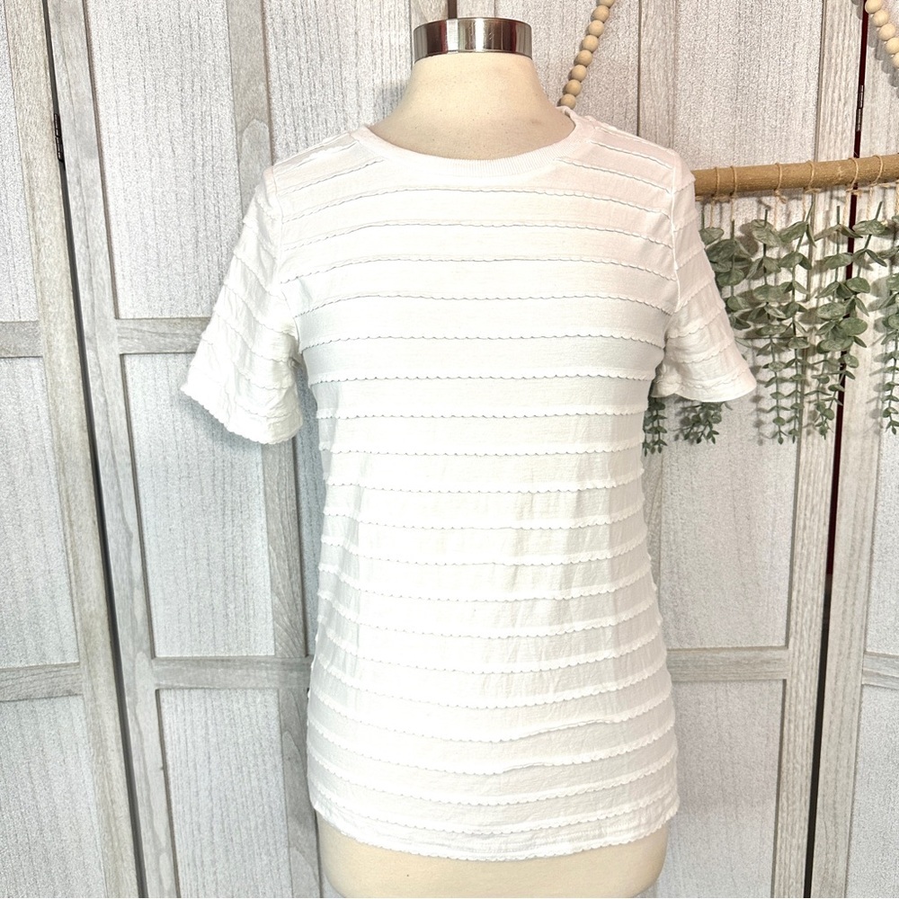Betsey's Boutique Shop White Scalloped Stripe Ruffle T Shirt Womens Size Medium